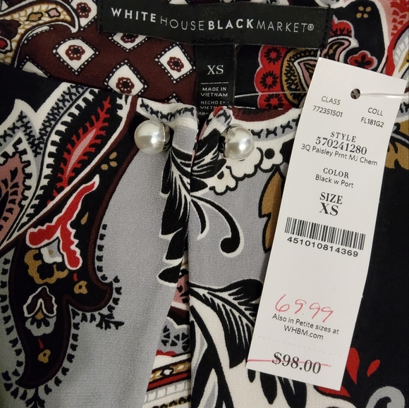 NWT! White House Black Market Paisley Print Keyhole Sheath 3/4 Sleeve Size XS - Picture 8 of 10